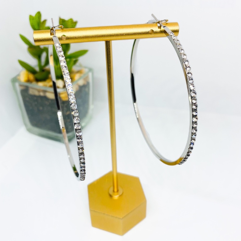 Big Silver Rhinestone Hoop Earrings Bling Earrings
